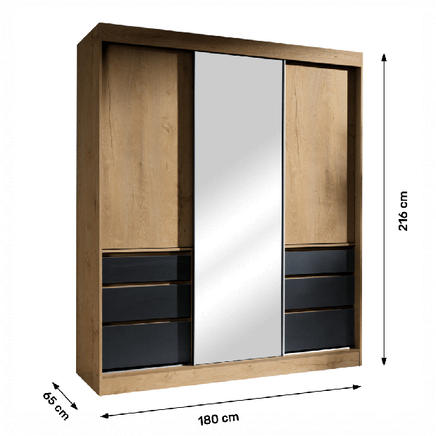 Šatníková skriňa 180 so zrkadlom Romunald (dub lefkas + čierna)