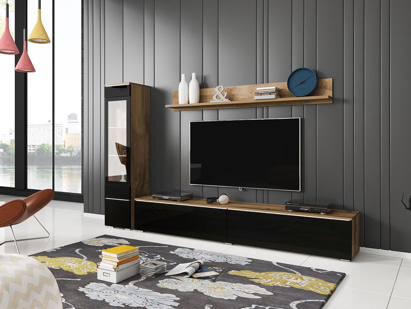 Mobilier living Selwyn I (wotan + Negru lucios ) (iluminat LED Alb)