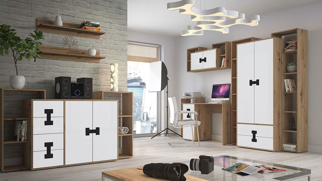 Mobilier cameră studenți Marcel II (stejar artisan + gri lucios)