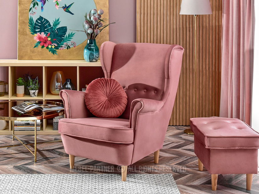 Fotoliu cu urechi Margis (roz pastel + nuc)