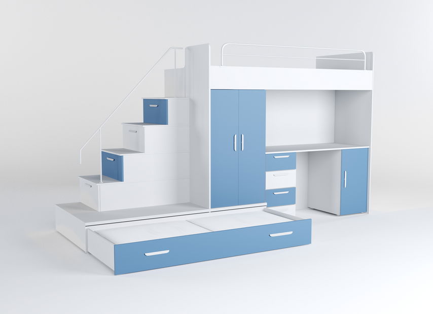 Pat pentru copii Ruby V (alb + albastru deschis) (cu somiere)