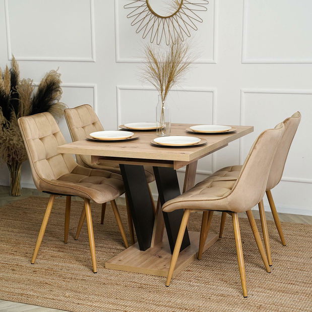 Blagovaonski stol na razvlačenje Comentado (hrast artisan + crna) (za 4 do 6 osoba)