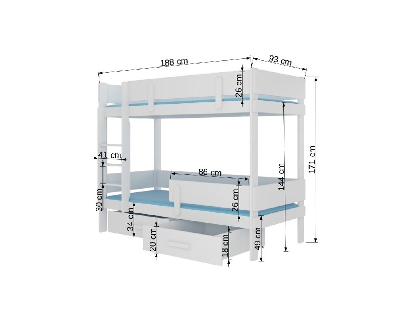 Poschodová detská posteľ 180x80 cm Ellen (s roštom a matracom) (biela + truflová)
