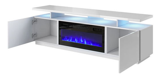 TV skrinka s krbom Anaceta (biela + lesk biely) (s LED osvetlením)