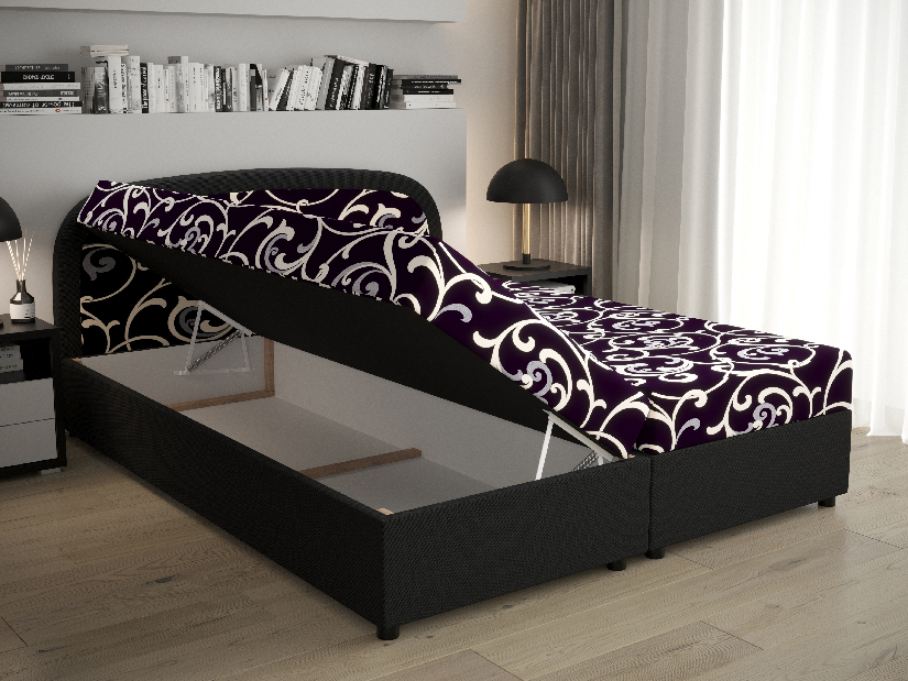 Bračni krevet Boxspring 140 cm Brick Comfort (crna + uzorak valovi) (s madracem i prostorom za odlaganje)