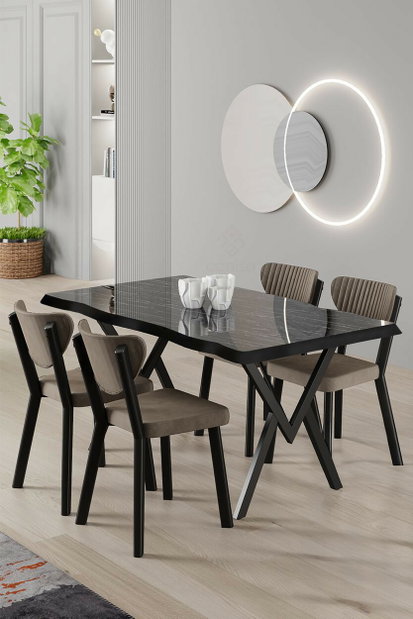 Set masă scaune (pentru 4 persoane) Aksima (marmură neagră + cappuccino)