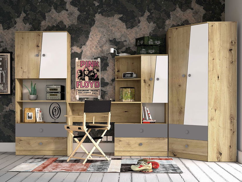 Mobilier cameră studenți Seraphina IV (stejar artisan + alb + gri)