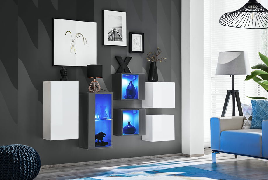 Obývacia stena Shelly 27 WG SW SB4 (biela matná + biela lesklá + grafit matný + grafit lesklý)