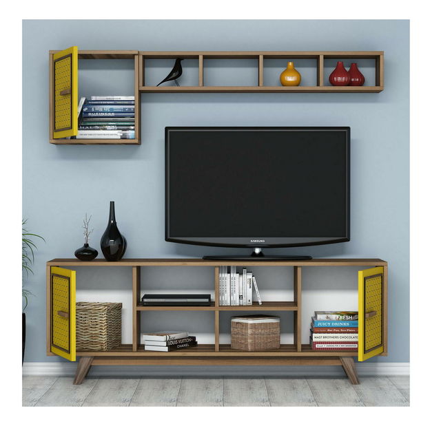 Zostava nábytku do obývacej izby Aysha (orech + žltá)