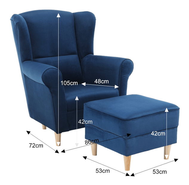 Kreslo ušiak s taburetkou Aveo (modrá)