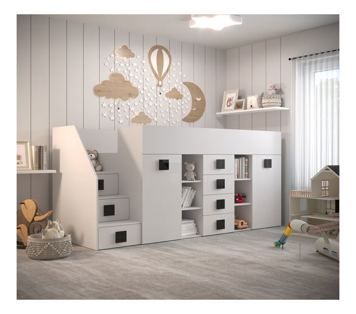 Pat multifuncțional 90 cm Toreno 3 (Alb + alb lucios + mânere negru lucios) (S)