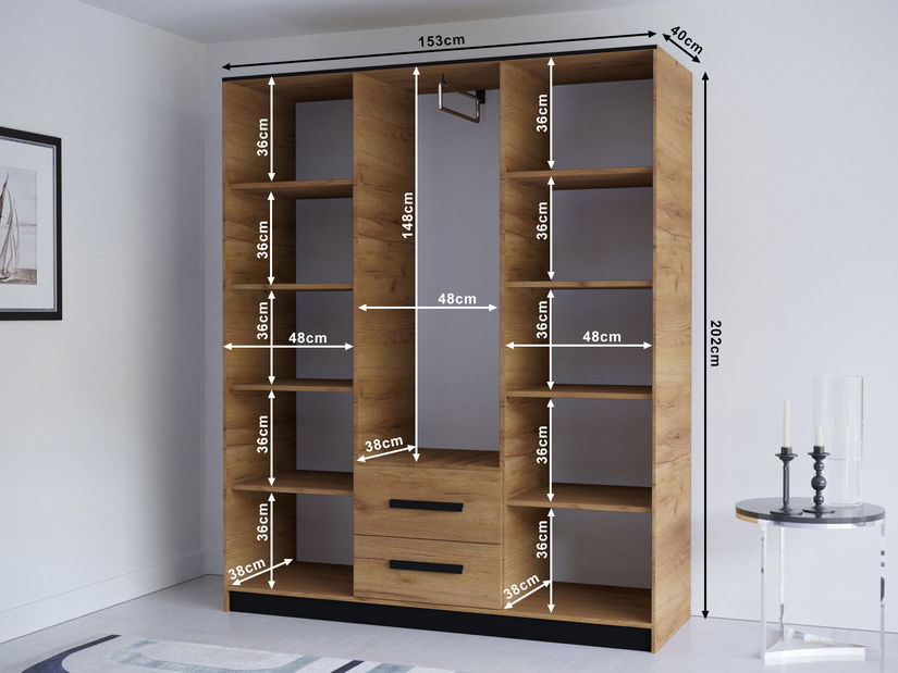Ruhásszekrény 153 cm Marine (tükörrel) (arany craft tölgy + fekete)