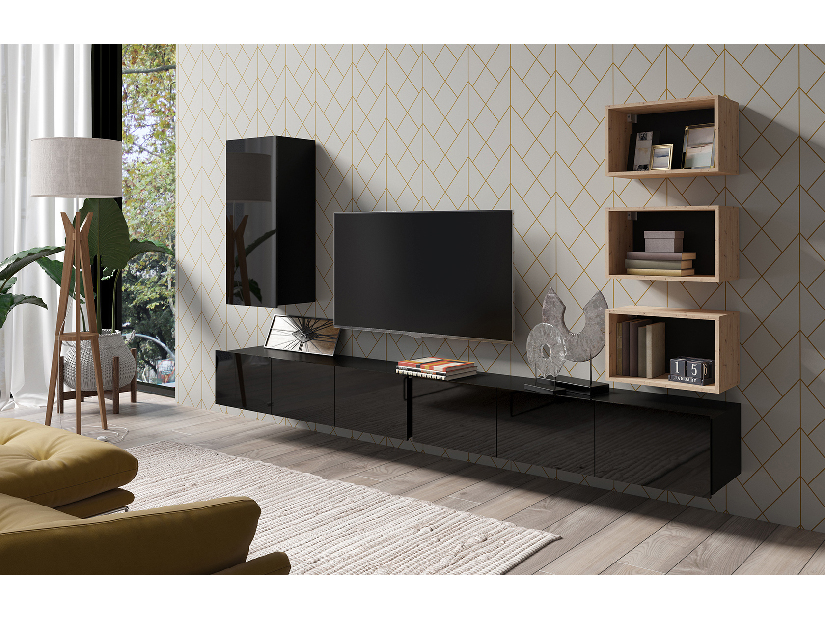 Mobilier living Calabria C36 BLACK (Negru + Stejar artisan) (fără iluminat)