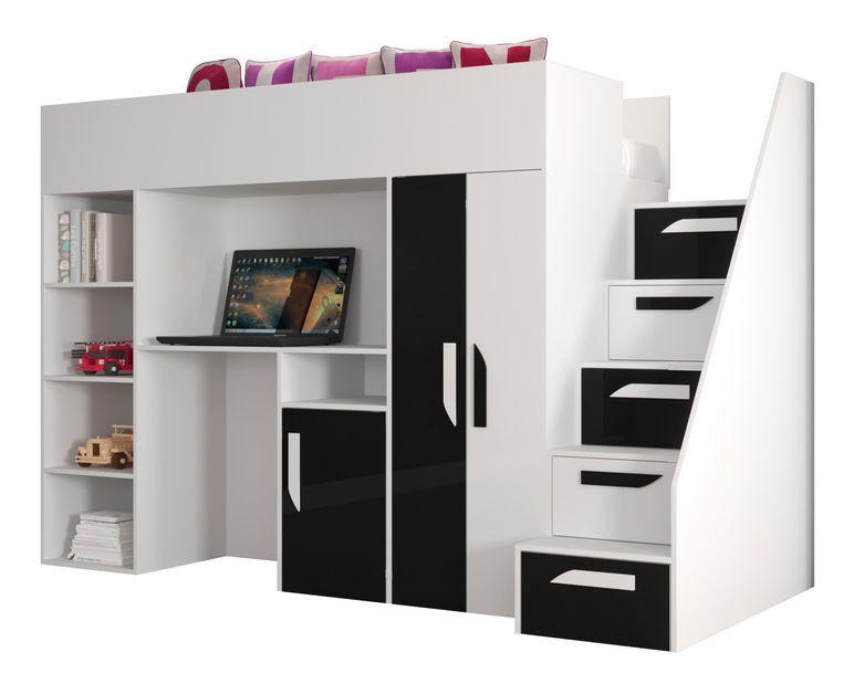 Pat pentru copii combinat 90 cm Puro 14 (alb mat + alb lucios + negru lucios)