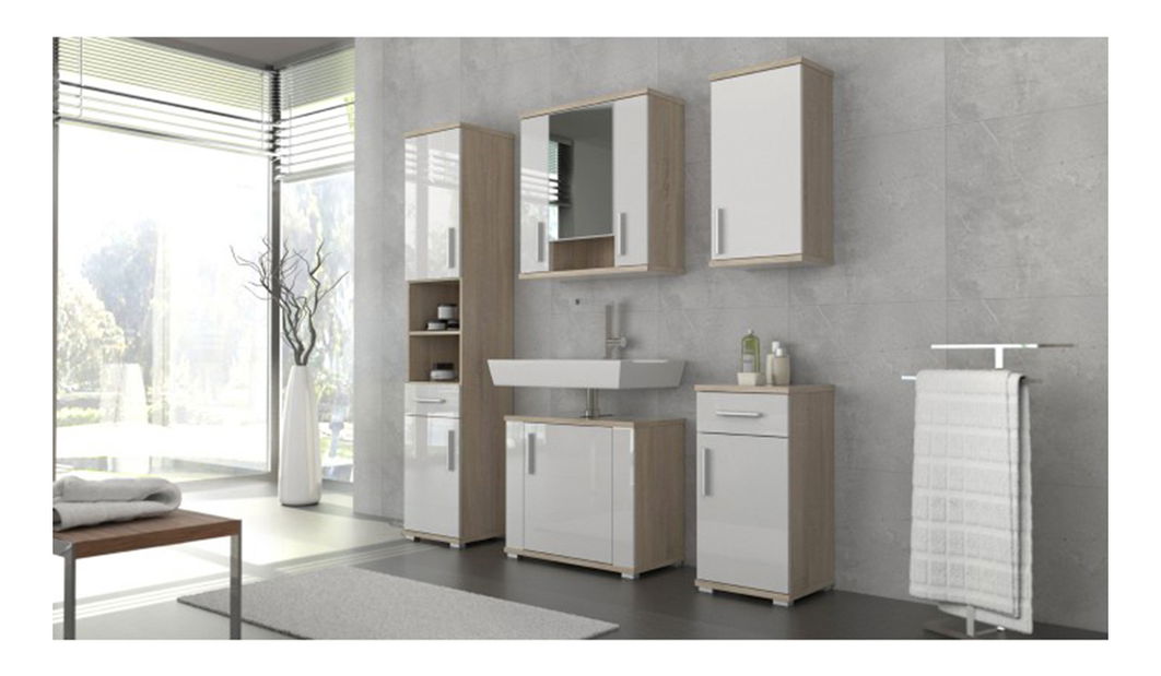 Dulap de baie suspendat cu oglindă Leah 01 (stejar sonoma + alb matná)