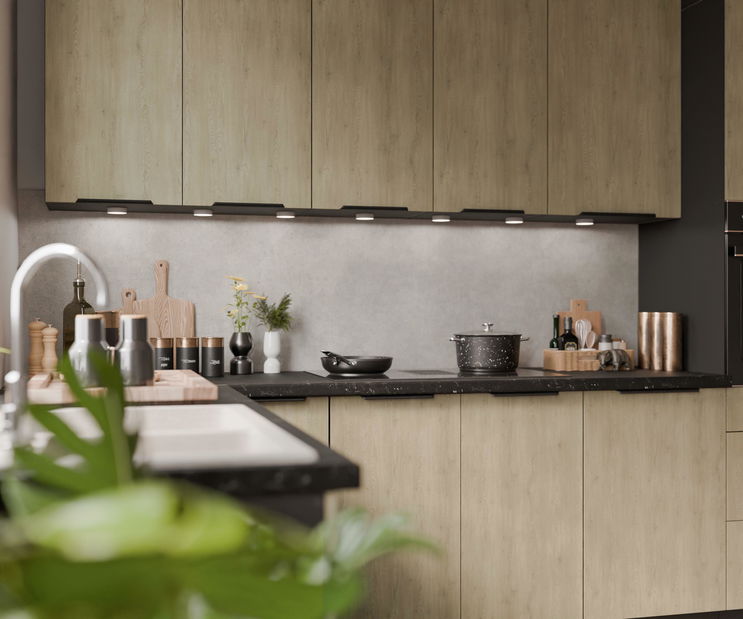 Bucătărie de colț Carminia (stejar cremona + negru)