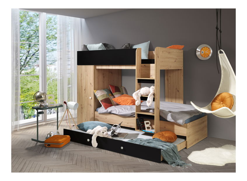 Dječji kombinirani krevet 90 cm Sami 2 (hrast artisan + mat crna + bijele ručke)
