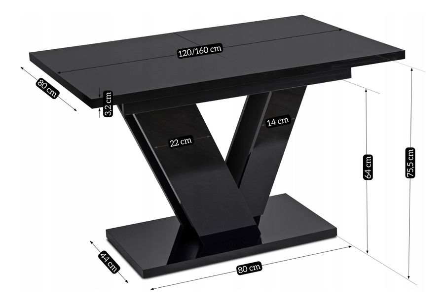 Rozkladací jedálenský stôl Comentado (lesk čierny) (pre 4-6 osôb)