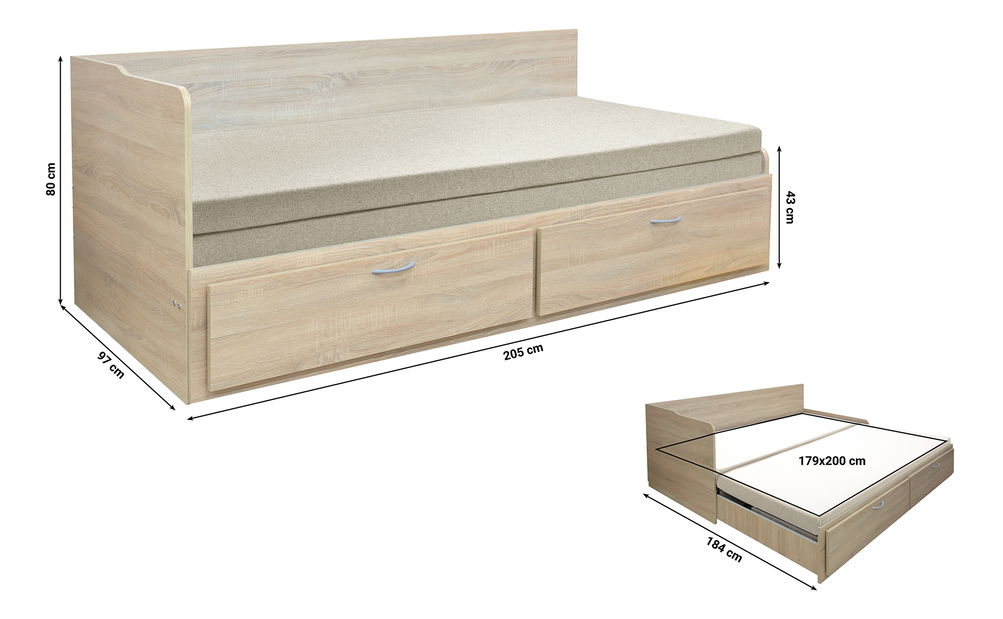 Rozkladacia pohovka Fines Menetas (dub pobrežný + sivohnedá) (s roštom a matracom) (s úl. priestorom)