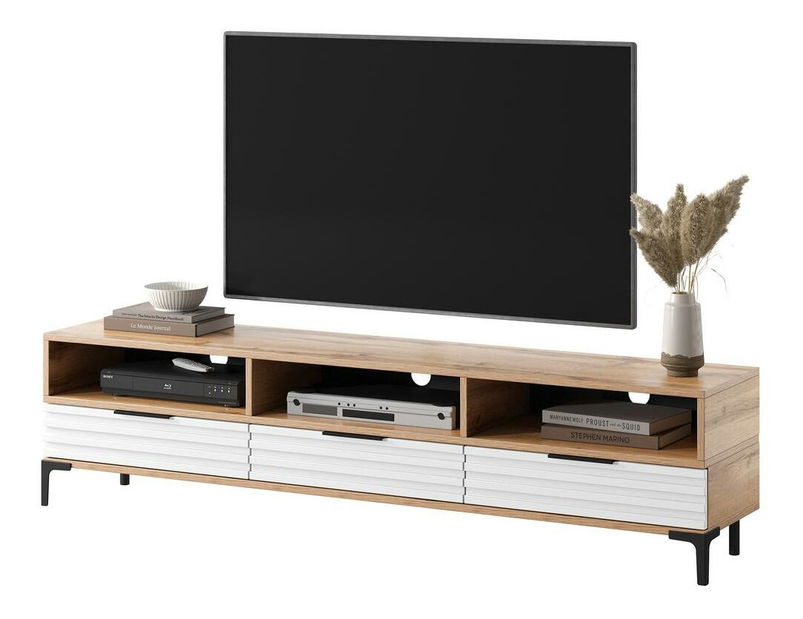 TV ormarić/stolić Ricko 3D (s rasvjetom) (hrast prirodni + bijela)