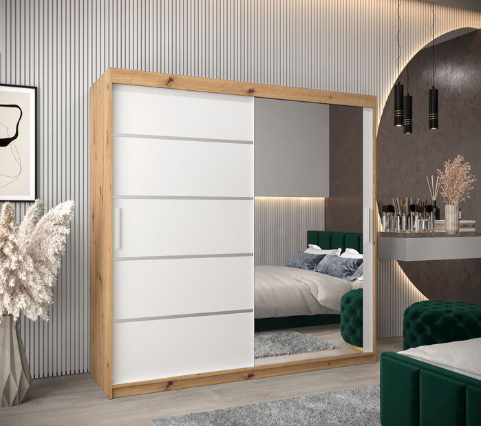 Dulap de haine 250 cm cu oglindă Verika 2 250 (stejar artisan + alb)