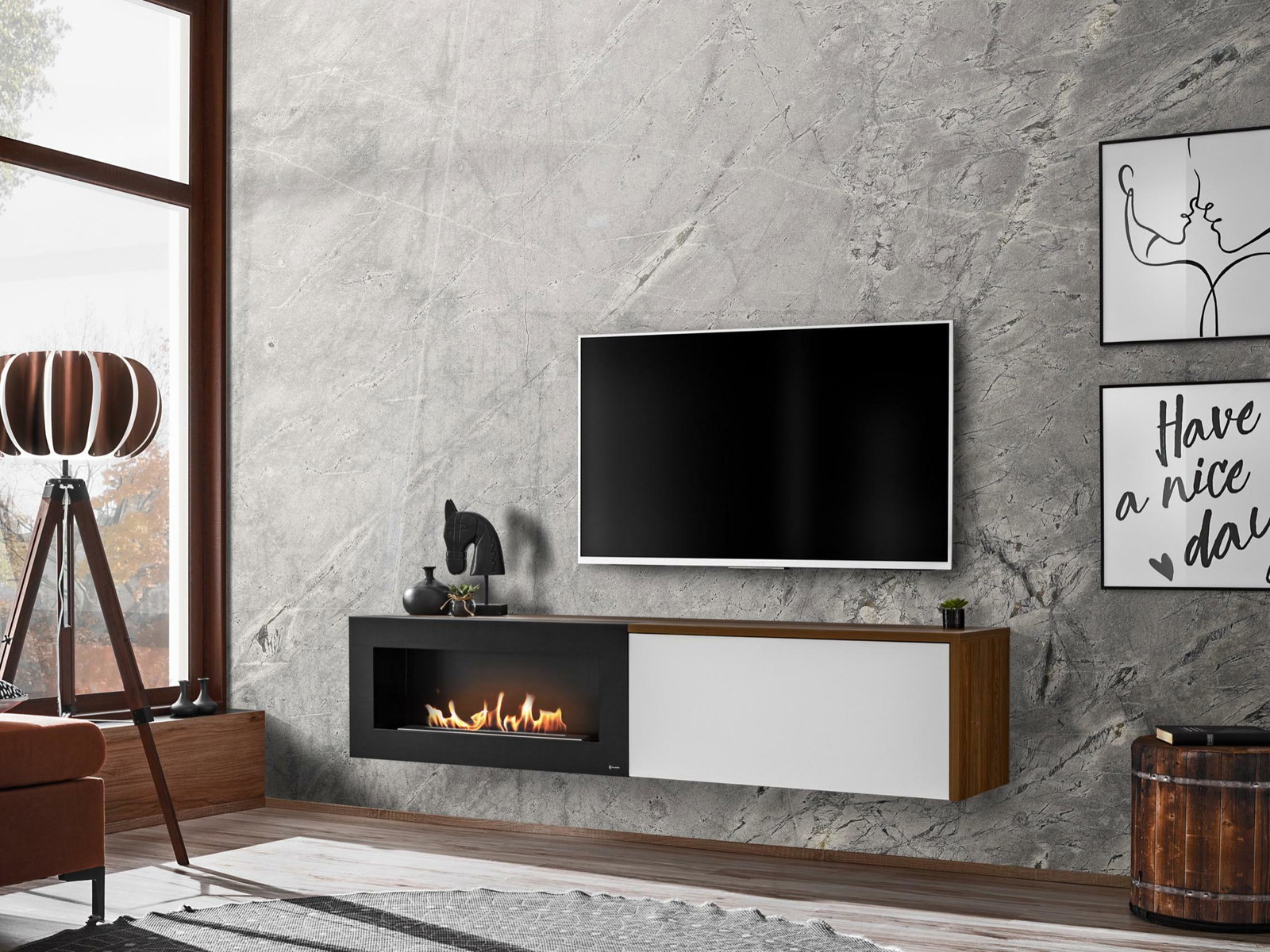 TV stolić/ormarić Dalton (hrast sterling + bijela mat) (s bio kaminom)