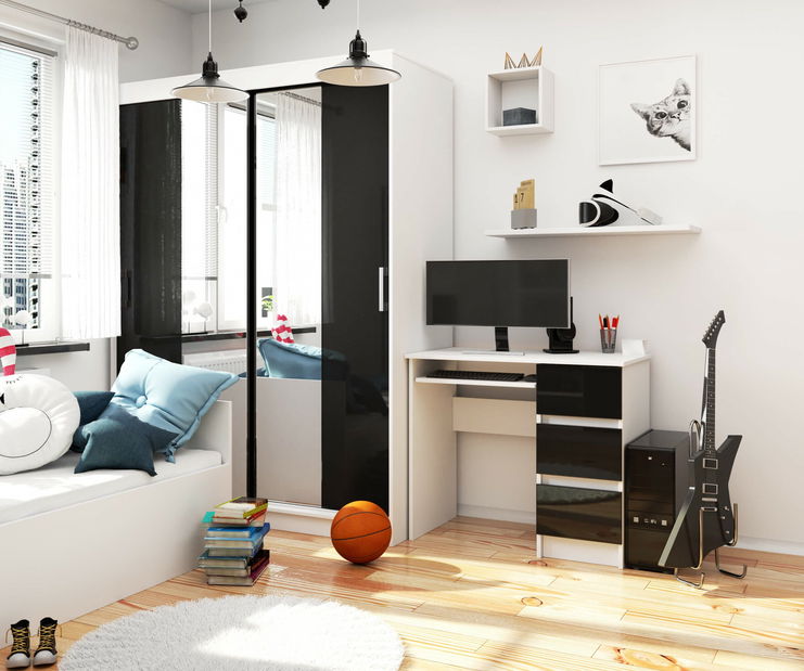 PC asztal Benicio (fehér + fényes fekete) (J)