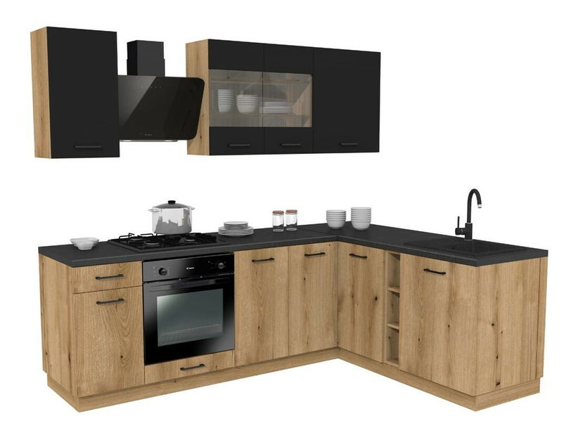 Set mobilier bucătărie de colț 240x180 cm Vestia 1 (stejar evoke + negru)