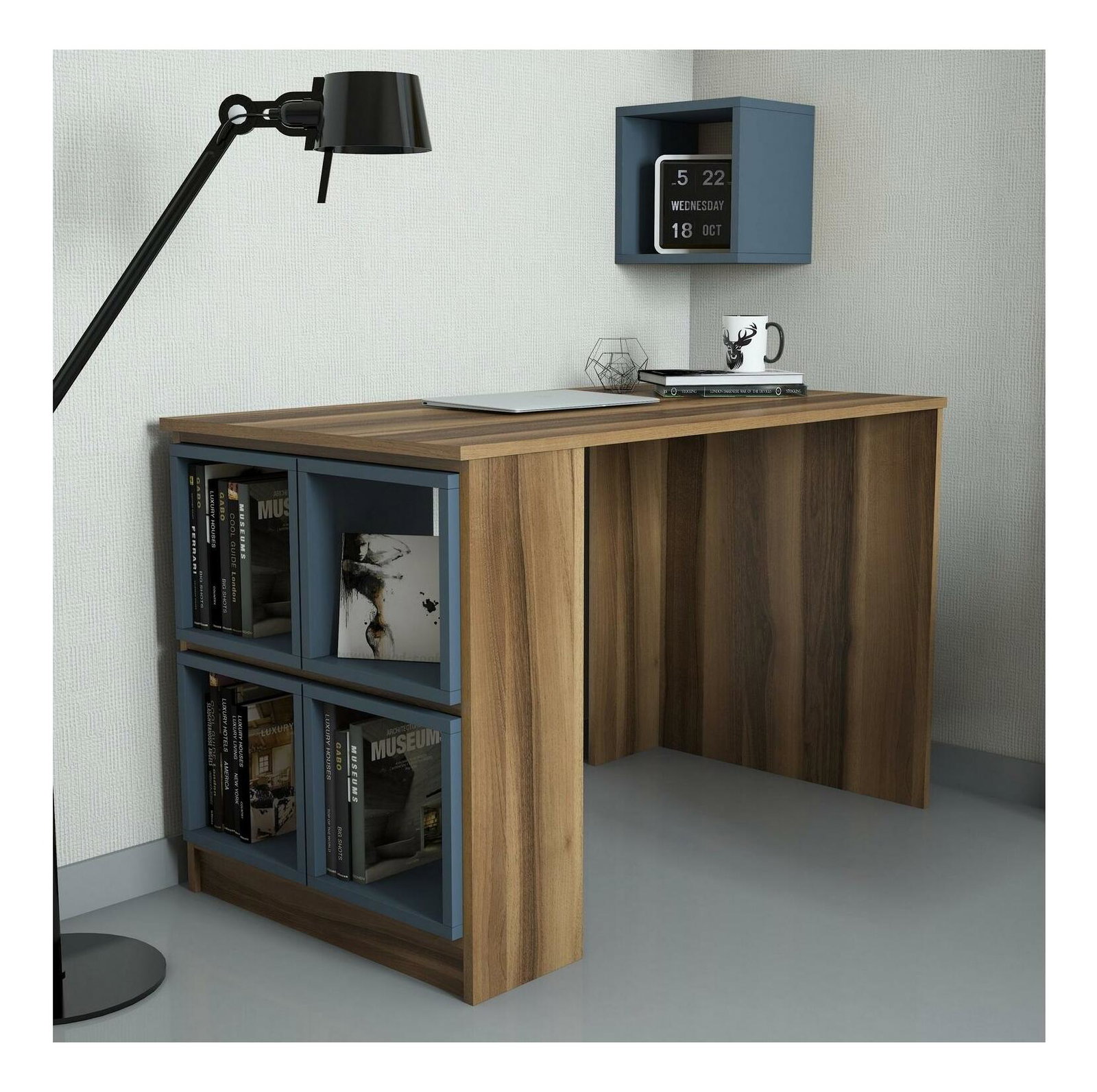 PC asztal polccal Blanchet (dió + kékesszürke)