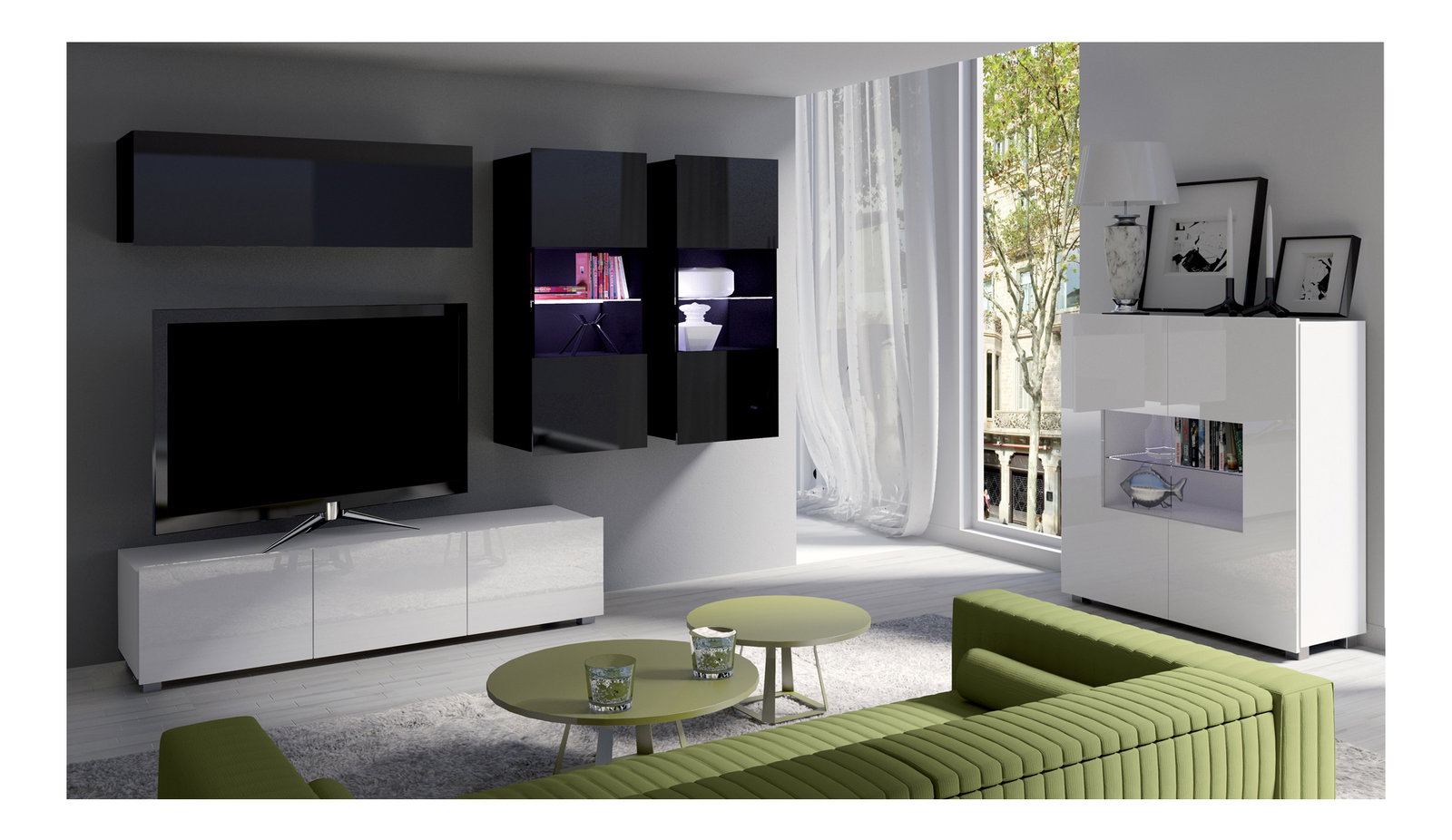 Nappali fal Calabria C6 (fekete + fehér) (világítás nélkül)