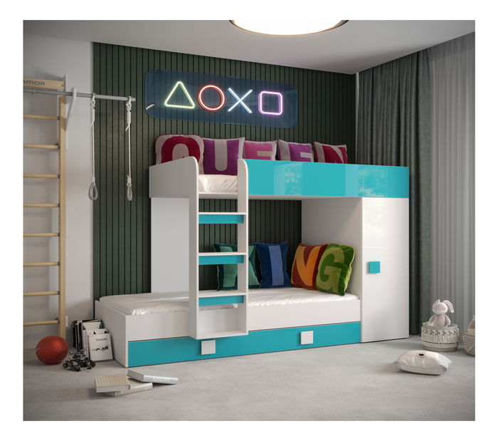 Pat multifuncțional 90 cm Toreno 2 (Alb + alb lucios + turcoaz lucios)