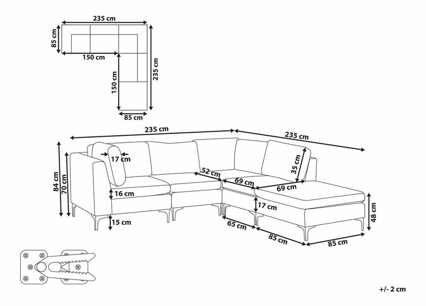 Rohová sedacia súprava s taburetkou Eldridge (zamatová modrá) (L)