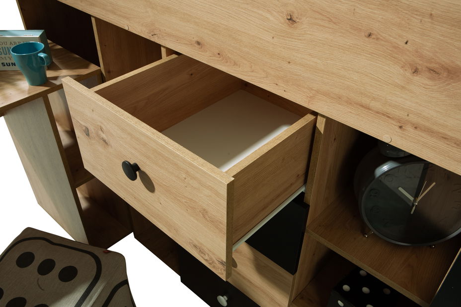 Pat pentru copii combinat 90 cm Sami 3 (Stejar artisan + negru mat + mânere albe) (D)