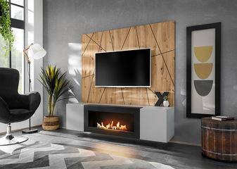 Nappali fal Xavus G2-K (gyöngyszürke + artisan tölgy)  (bio kandallóval)