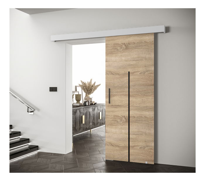 Uși culisante 90 cm Sharlene X (stejar sonoma + alb mat + negru)
