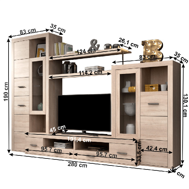 Set za dnevni boravak280 cm Atlanta ( S LED rasvjetom) (hrast sonoma)