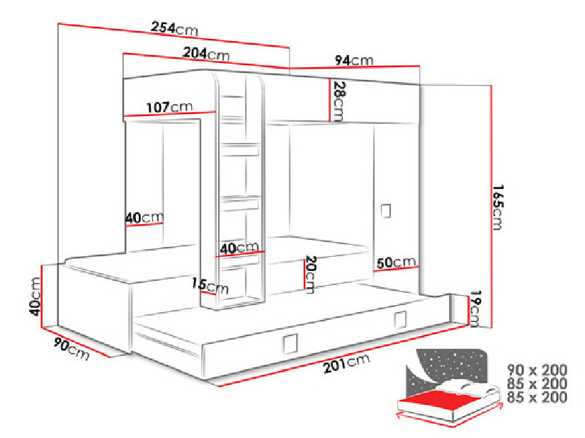 Poschodová posteľ 2 Tomek (Biela + Biely lesk + Biela)