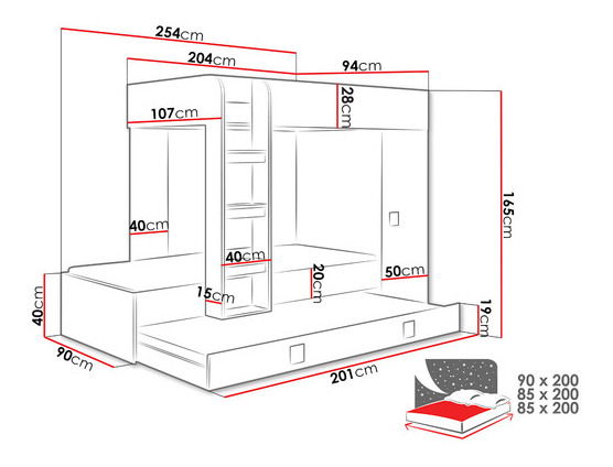 Poschodová posteľ 2 Tomek (Biela + Biely lesk + Tyrkysová)