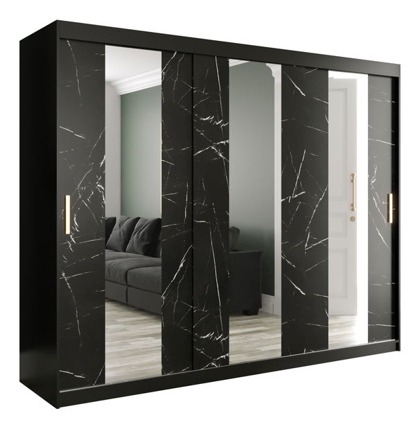 Ruhásszekrény 250 cm Marbelo P (matt fekete + fekete márvány)