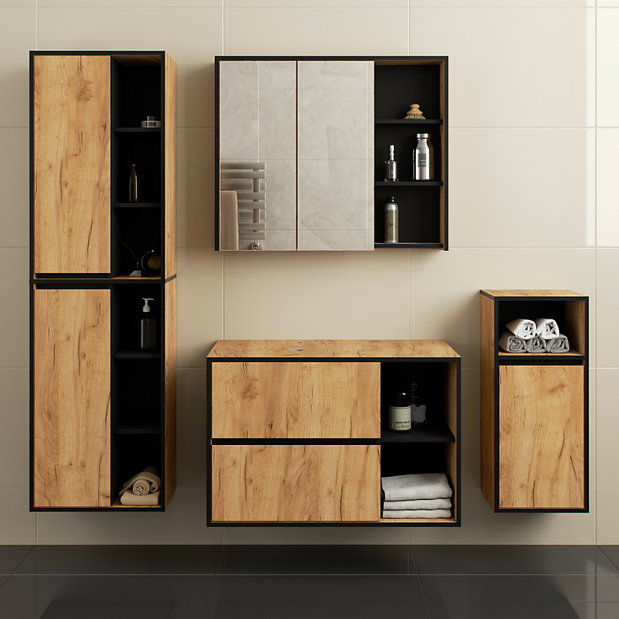 Set mobilier baie Vambos luxe (stejar artizanal + negru)