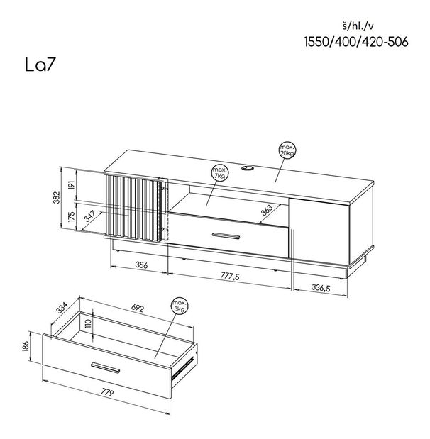 TV stolík typ LA7 Laticia (matna čierna + dub wotan)