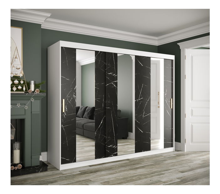 Šatníková skriňa 250 cm Marbelo P (matná biela + čierny mramor)