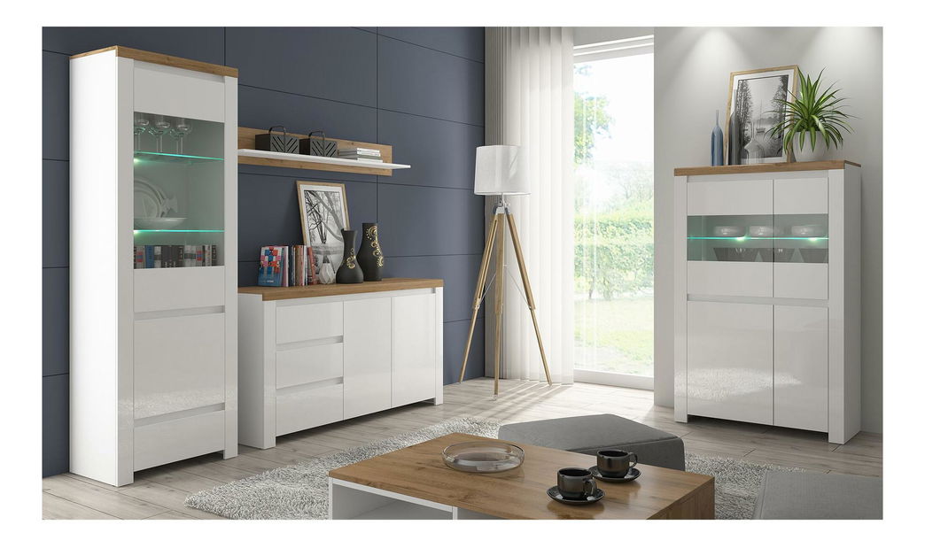 Mobilier living Vilgi 2 (alb ultra lucios + stejar wotan)