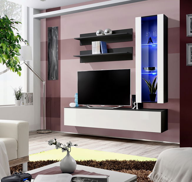 Obývacia stena Ferryhill 23 ZW FY H2 (s osvetlením) (čierna + lesk biely)