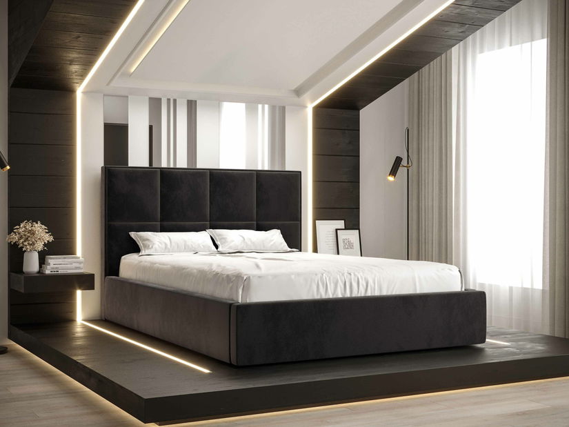 Pat matrimonial 160 cm Gino (Negru) (cu somieră și sp. depozitare)