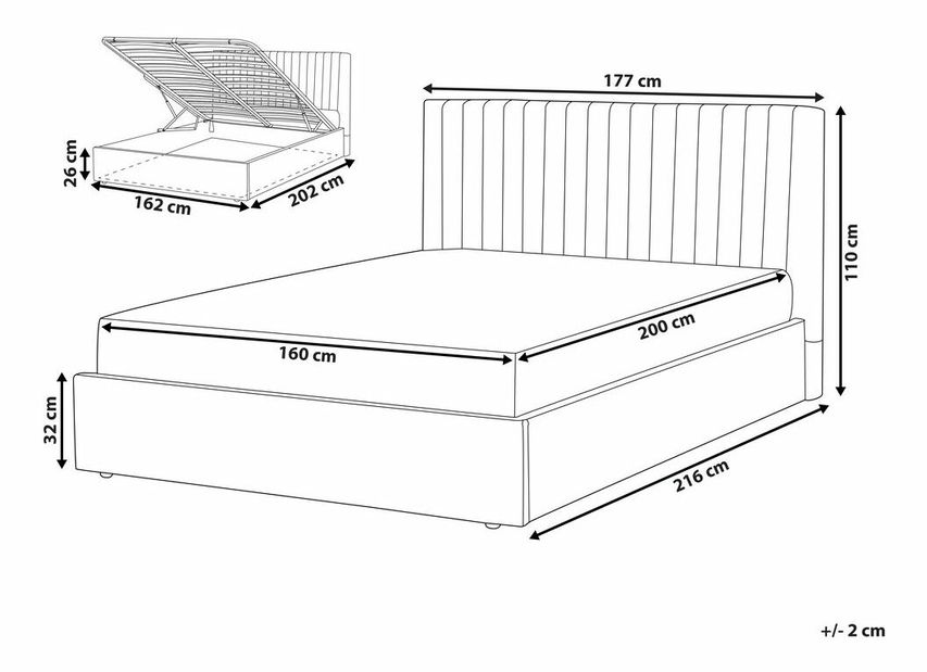 Manželská posteľ 160 cm Vakarine (sivá) (s roštom a úložným priestorom)
