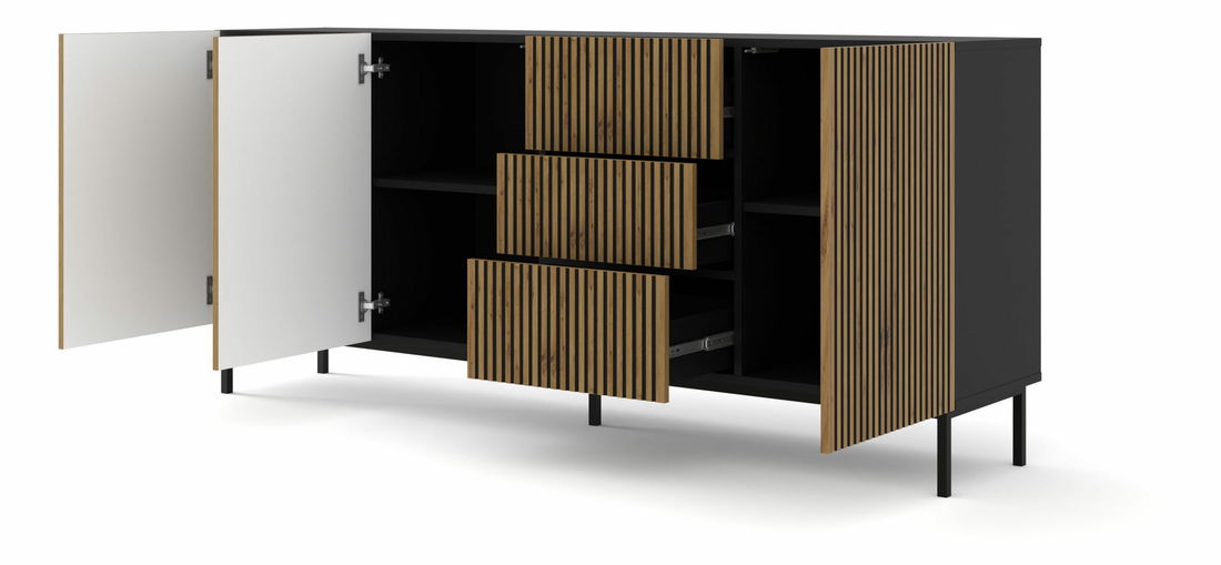 Comodă F 3D3S 200 Rowanna (Negru + Stejar artisan)