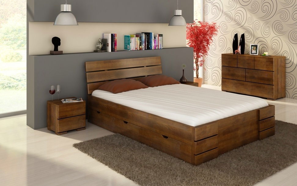 Manželská posteľ 180 cm Naturlig Lorenskog High Drawers (buk)