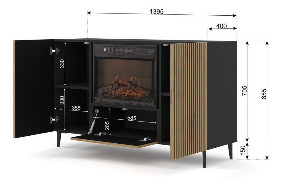 Ormarić s električnim kaminom F 2D1K Rowanna (hrast artisan + crna)