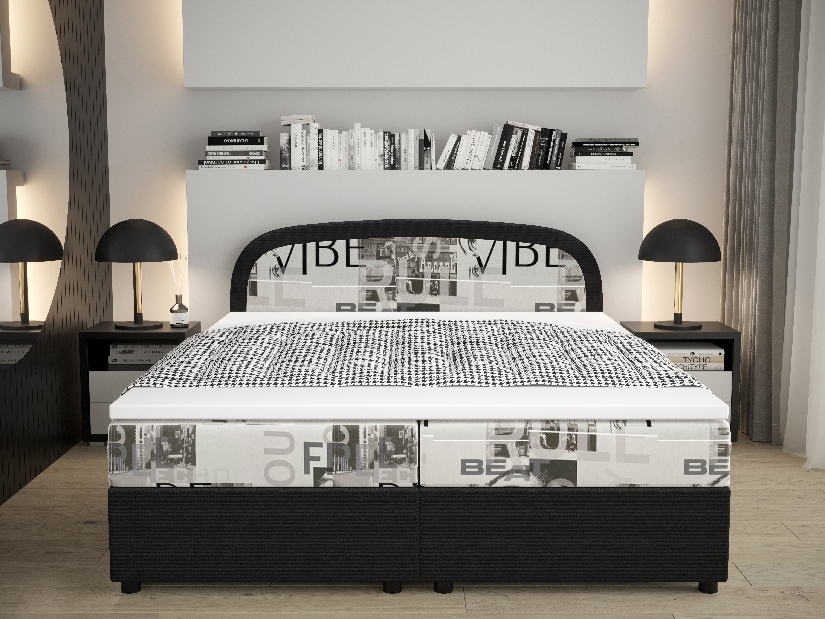 Pat matrimonial Boxspring 180 cm Brick Comfort (negru + Motiv valuri) (cu saltea și sp. depozitare)